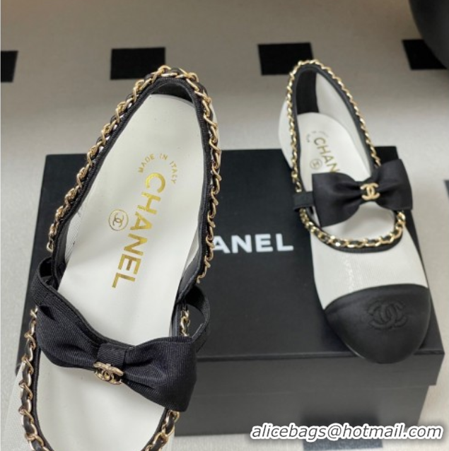 Durable Chanel Mesh & Grosgrain Mary Janes Ballets Flat with Bow and Chain White 2025 G46701 1103056
