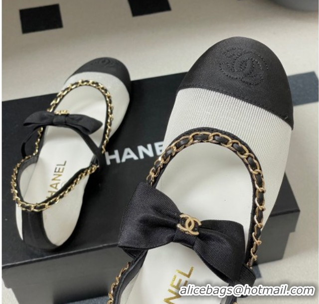 Durable Chanel Mesh & Grosgrain Mary Janes Ballets Flat with Bow and Chain White 2025 G46701 1103056