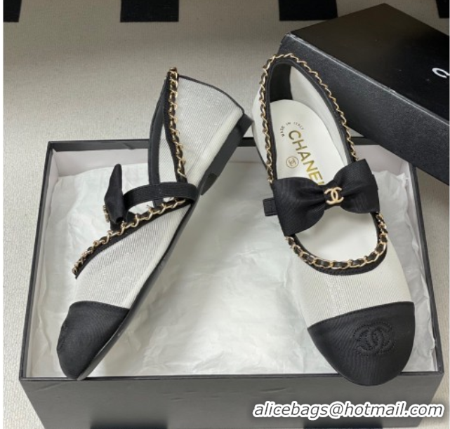 Durable Chanel Mesh & Grosgrain Mary Janes Ballets Flat with Bow and Chain White 2025 G46701 1103056
