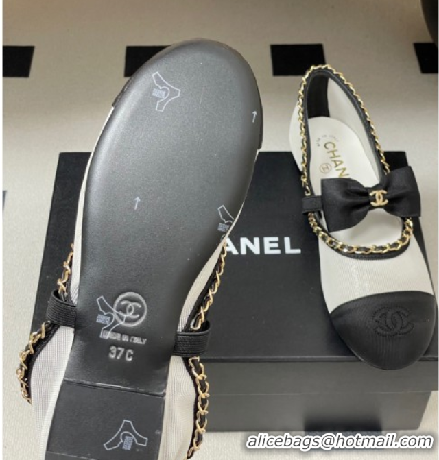 Durable Chanel Mesh & Grosgrain Mary Janes Ballets Flat with Bow and Chain White 2025 G46701 1103056