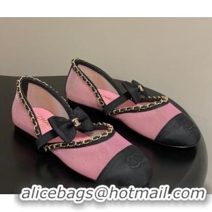 Good Quality Chanel Mesh & Grosgrain Mary Janes Ballets Flat with Bow and Chain Pink 2025 G46701 1103057