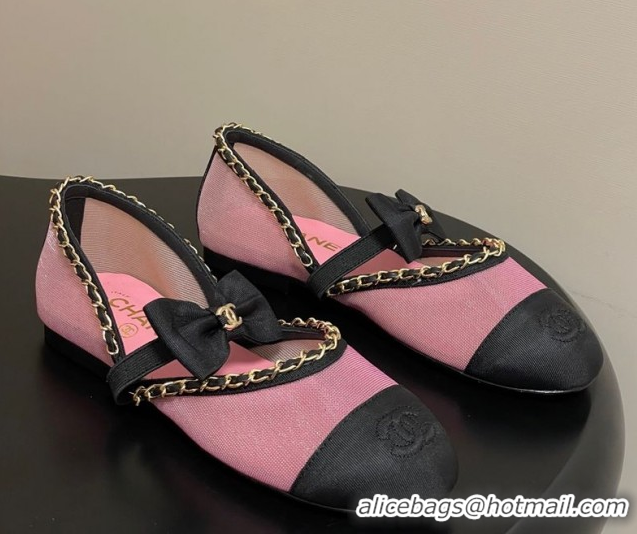Good Quality Chanel Mesh & Grosgrain Mary Janes Ballets Flat with Bow and Chain Pink 2025 G46701 1103057