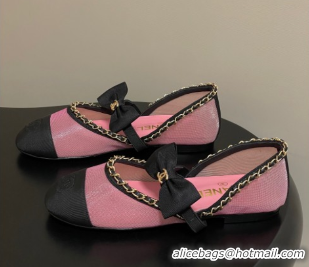 Good Quality Chanel Mesh & Grosgrain Mary Janes Ballets Flat with Bow and Chain Pink 2025 G46701 1103057