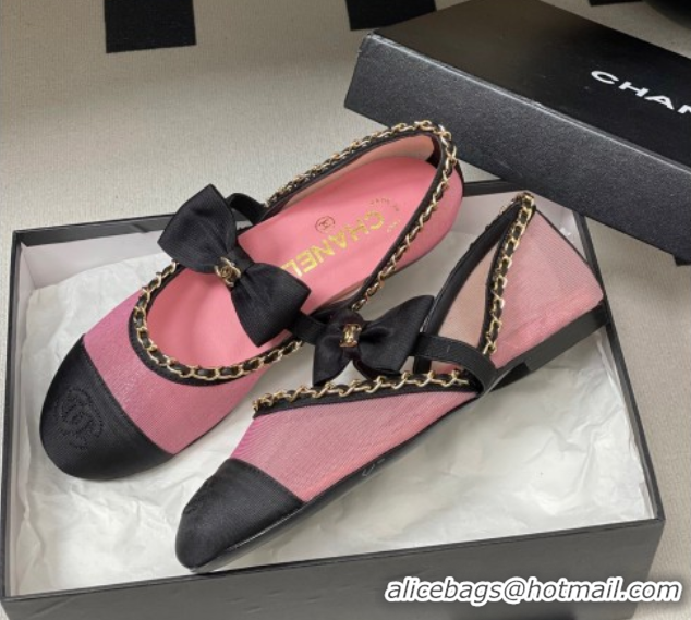 Good Quality Chanel Mesh & Grosgrain Mary Janes Ballets Flat with Bow and Chain Pink 2025 G46701 1103057