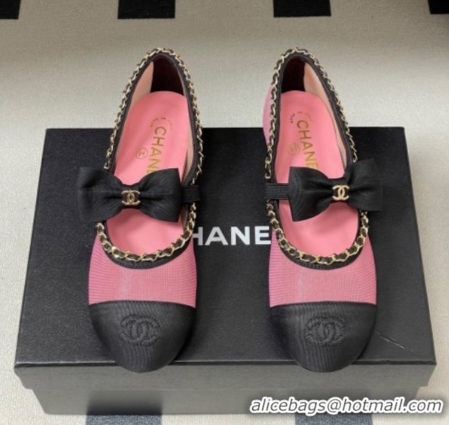 Good Quality Chanel Mesh & Grosgrain Mary Janes Ballets Flat with Bow and Chain Pink 2025 G46701 1103057