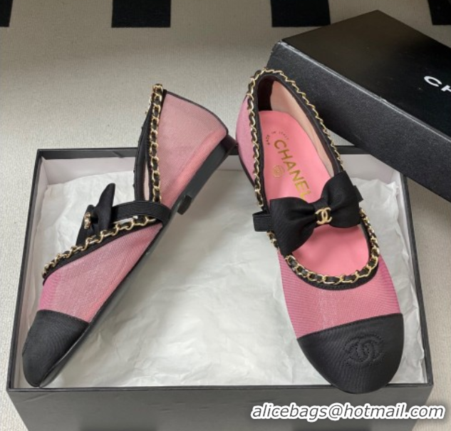 Good Quality Chanel Mesh & Grosgrain Mary Janes Ballets Flat with Bow and Chain Pink 2025 G46701 1103057