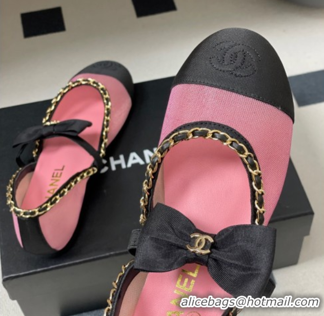 Good Quality Chanel Mesh & Grosgrain Mary Janes Ballets Flat with Bow and Chain Pink 2025 G46701 1103057