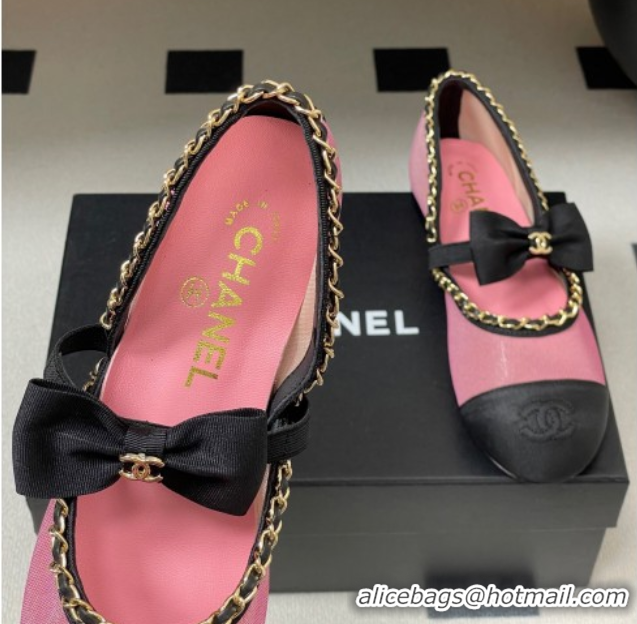 Good Quality Chanel Mesh & Grosgrain Mary Janes Ballets Flat with Bow and Chain Pink 2025 G46701 1103057