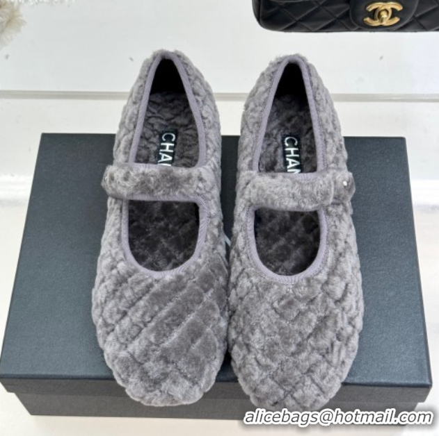 Charming Chanel Quilted Wool Mary Janes Ballets Flat Grey CH110301 1103059