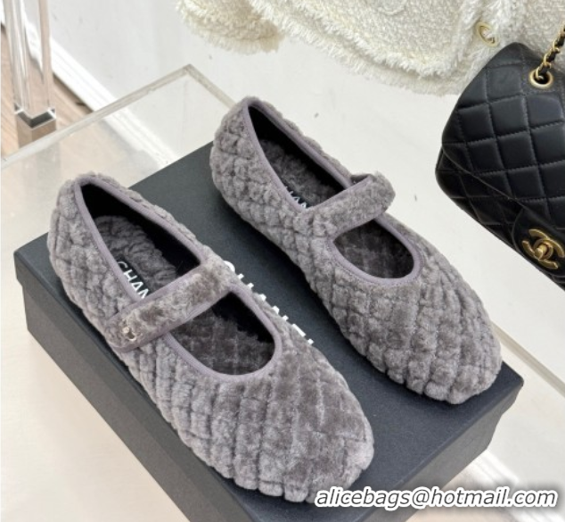 Charming Chanel Quilted Wool Mary Janes Ballets Flat Grey CH110301 1103059