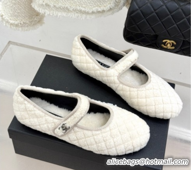 Good Product Chanel Quilted Wool Mary Janes Ballets Flat White 2025 CH110301 1103061