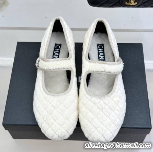 Good Product Chanel Quilted Wool Mary Janes Ballets Flat White 2025 CH110301 1103061