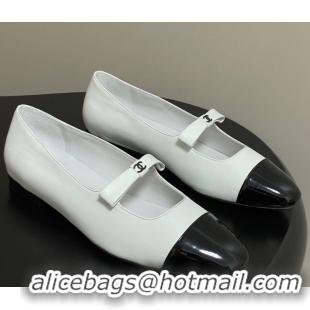 Chanel Lambskin and Patent Leather Mary Janes Ballet Flats with Bow White 2025 CH110302 1103067