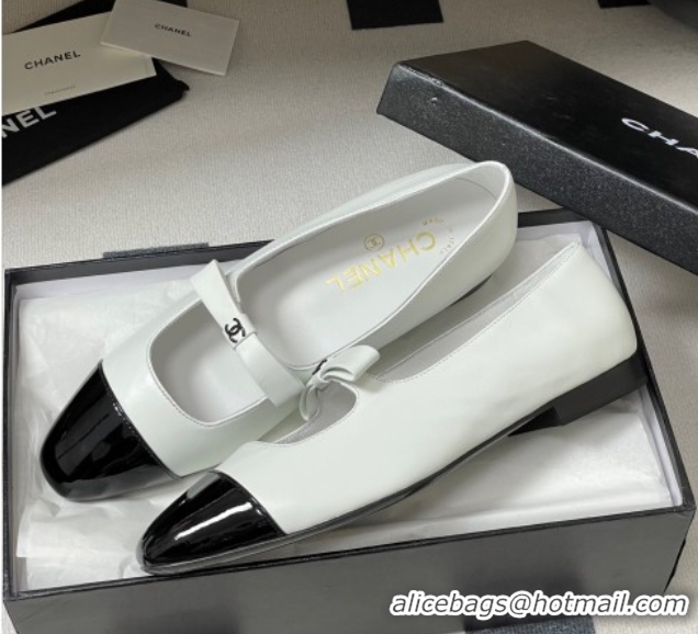 Chanel Lambskin and Patent Leather Mary Janes Ballet Flats with Bow White 2025 CH110302 1103067