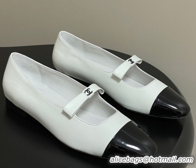Chanel Lambskin and Patent Leather Mary Janes Ballet Flats with Bow White 2025 CH110302 1103067