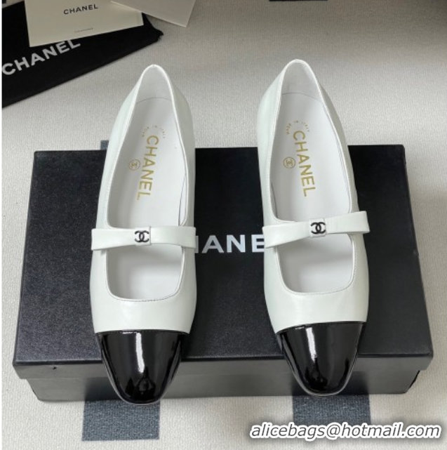 Chanel Lambskin and Patent Leather Mary Janes Ballet Flats with Bow White 2025 CH110302 1103067