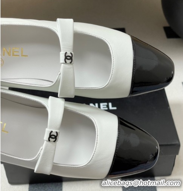Chanel Lambskin and Patent Leather Mary Janes Ballet Flats with Bow White 2025 CH110302 1103067