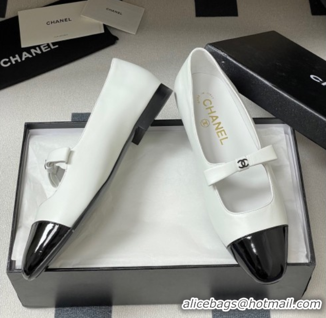 Chanel Lambskin and Patent Leather Mary Janes Ballet Flats with Bow White 2025 CH110302 1103067