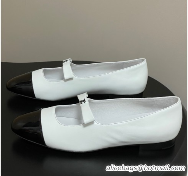 Chanel Lambskin and Patent Leather Mary Janes Ballet Flats with Bow White 2025 CH110302 1103067