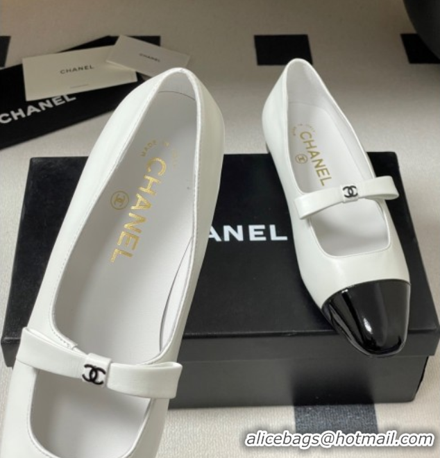 Chanel Lambskin and Patent Leather Mary Janes Ballet Flats with Bow White 2025 CH110302 1103067
