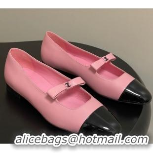 Sumptuous Chanel Lambskin and Patent Leather Mary Janes Ballet Flats with Bow Pink 2025 CH110302 1103069