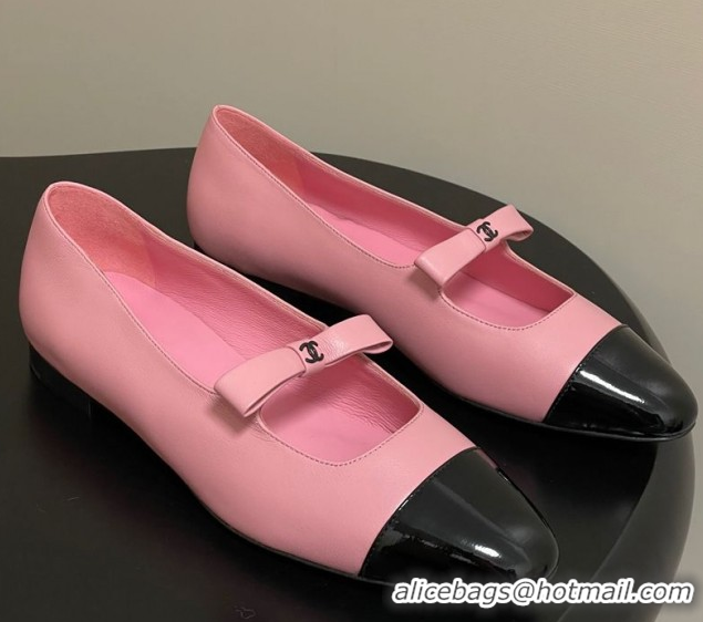 Sumptuous Chanel Lambskin and Patent Leather Mary Janes Ballet Flats with Bow Pink 2025 CH110302 1103069