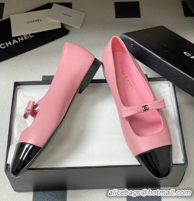 Sumptuous Chanel Lambskin and Patent Leather Mary Janes Ballet Flats with Bow Pink 2025 CH110302 1103069