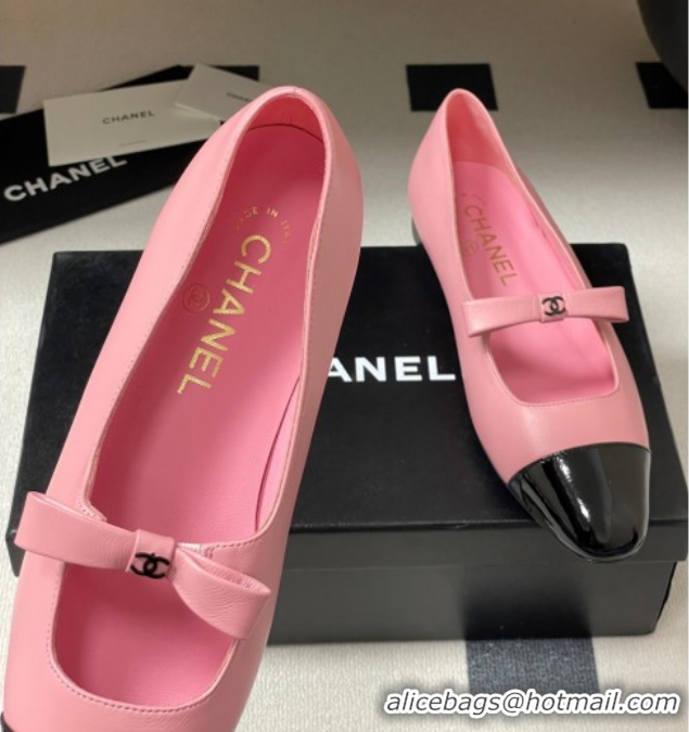 Sumptuous Chanel Lambskin and Patent Leather Mary Janes Ballet Flats with Bow Pink 2025 CH110302 1103069