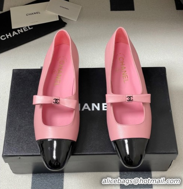 Sumptuous Chanel Lambskin and Patent Leather Mary Janes Ballet Flats with Bow Pink 2025 CH110302 1103069
