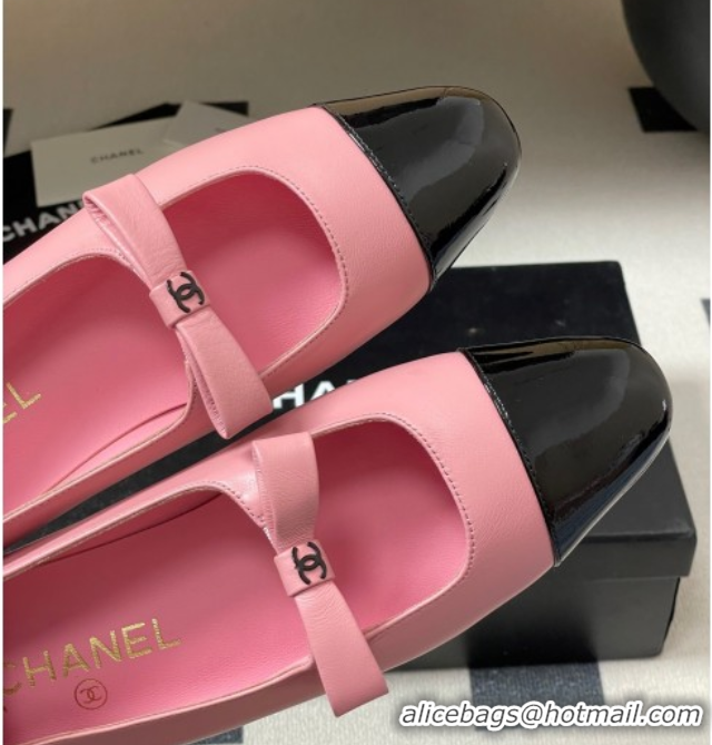 Sumptuous Chanel Lambskin and Patent Leather Mary Janes Ballet Flats with Bow Pink 2025 CH110302 1103069