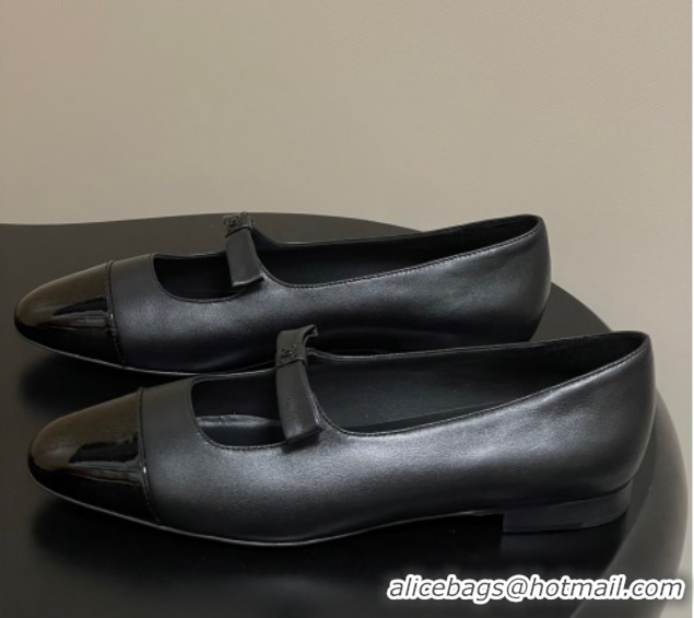 Luxurious Chanel Lambskin and Patent Leather Mary Janes Ballet Flats with Bow Black 2025 CH110302 1103066
