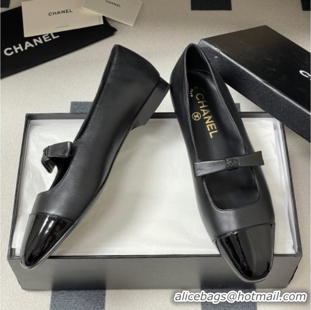 Luxurious Chanel Lambskin and Patent Leather Mary Janes Ballet Flats with Bow Black 2025 CH110302 1103066
