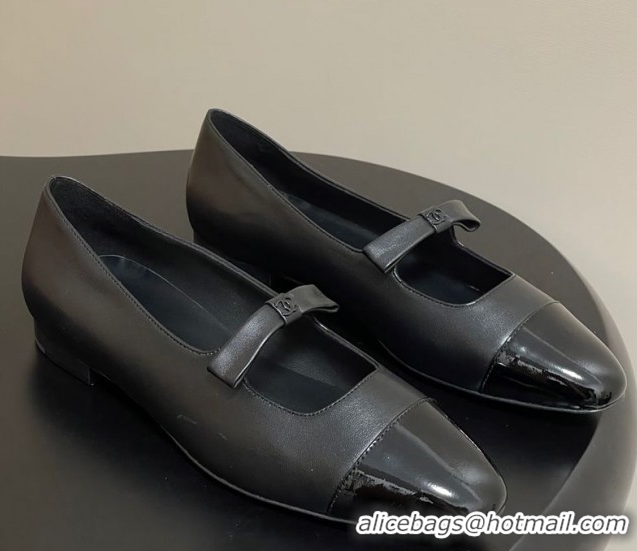 Luxurious Chanel Lambskin and Patent Leather Mary Janes Ballet Flats with Bow Black 2025 CH110302 1103066