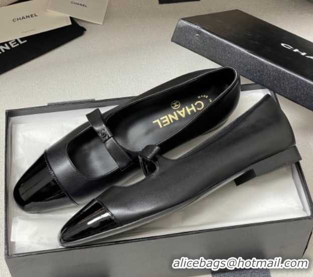 Luxurious Chanel Lambskin and Patent Leather Mary Janes Ballet Flats with Bow Black 2025 CH110302 1103066
