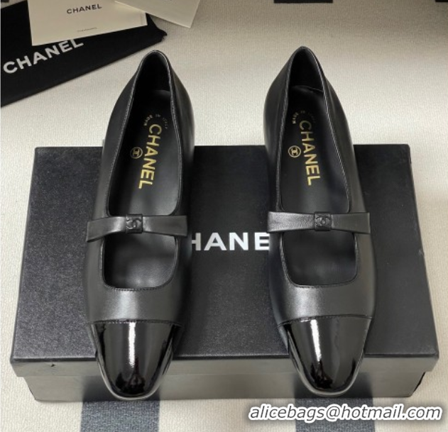 Luxurious Chanel Lambskin and Patent Leather Mary Janes Ballet Flats with Bow Black 2025 CH110302 1103066