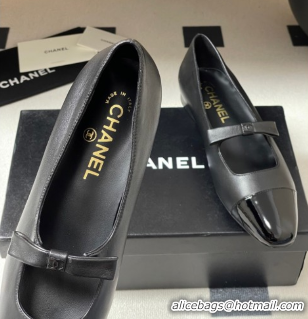 Luxurious Chanel Lambskin and Patent Leather Mary Janes Ballet Flats with Bow Black 2025 CH110302 1103066