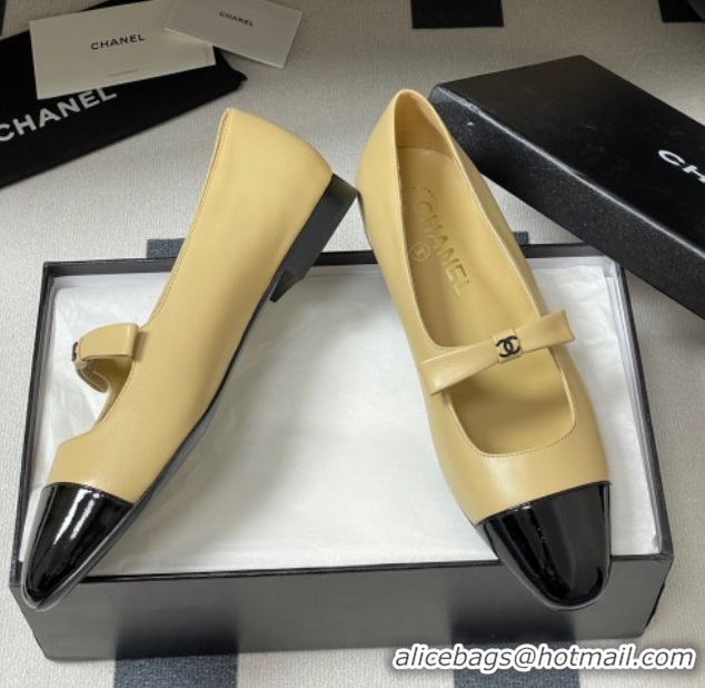 Best Product Chanel Lambskin and Patent Leather Mary Janes Ballet Flats with Bow Beige 2025 CH110302 1103068