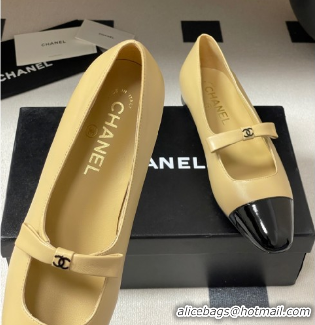 Best Product Chanel Lambskin and Patent Leather Mary Janes Ballet Flats with Bow Beige 2025 CH110302 1103068