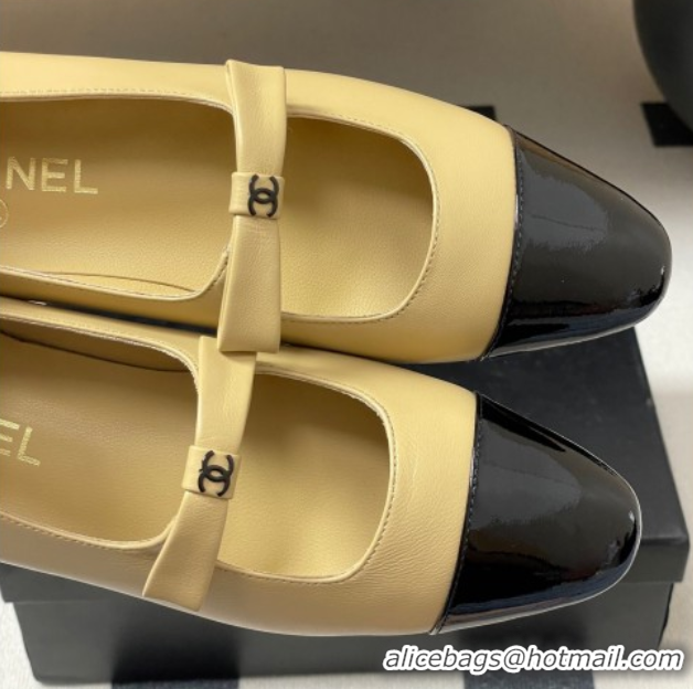 Best Product Chanel Lambskin and Patent Leather Mary Janes Ballet Flats with Bow Beige 2025 CH110302 1103068