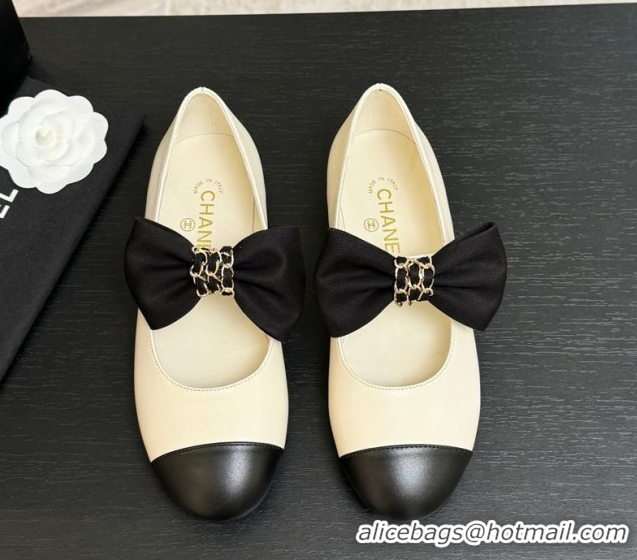 Most Popular Chanel Lambskin Leather Mary Janes Ballet Flats with Bow White 2025 CH110303 1103070