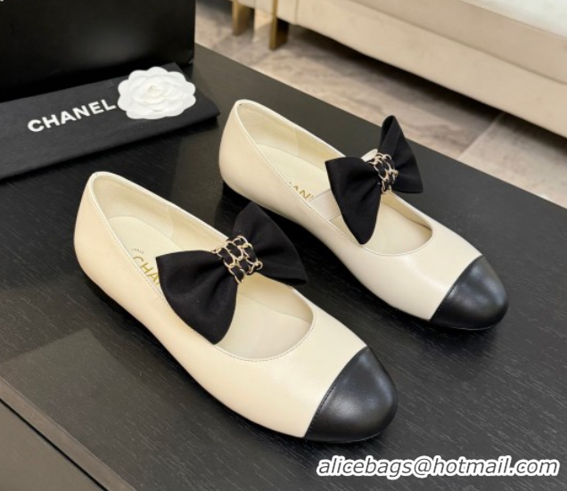 Most Popular Chanel Lambskin Leather Mary Janes Ballet Flats with Bow White 2025 CH110303 1103070