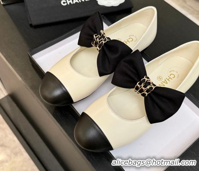 Most Popular Chanel Lambskin Leather Mary Janes Ballet Flats with Bow White 2025 CH110303 1103070