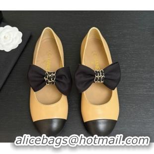 Good Looking Chanel Lambskin Leather Mary Janes Ballet Flats with Bow Beige 2025 CH110303 1103072