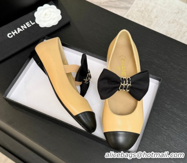 Good Looking Chanel Lambskin Leather Mary Janes Ballet Flats with Bow Beige 2025 CH110303 1103072
