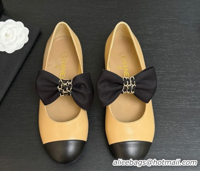 Good Looking Chanel Lambskin Leather Mary Janes Ballet Flats with Bow Beige 2025 CH110303 1103072