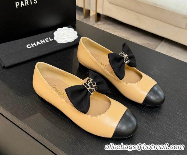 Good Looking Chanel Lambskin Leather Mary Janes Ballet Flats with Bow Beige 2025 CH110303 1103072