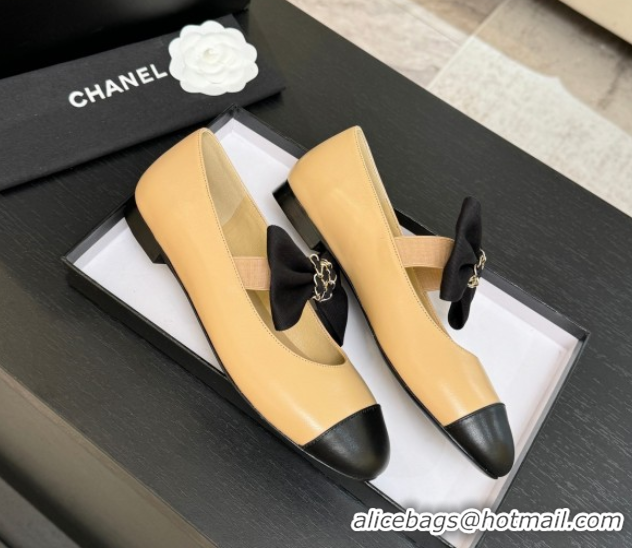 Good Looking Chanel Lambskin Leather Mary Janes Ballet Flats with Bow Beige 2025 CH110303 1103072