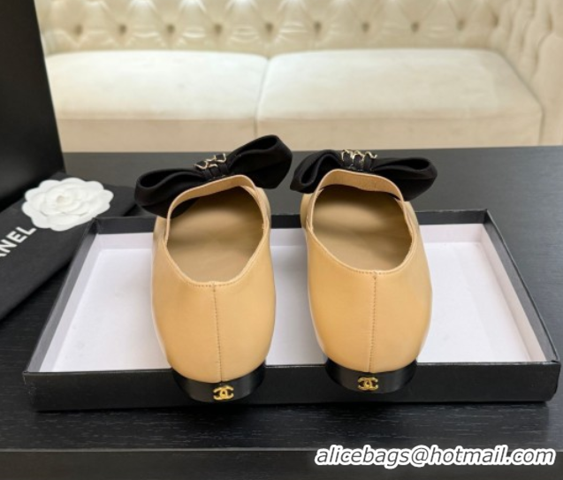 Good Looking Chanel Lambskin Leather Mary Janes Ballet Flats with Bow Beige 2025 CH110303 1103072