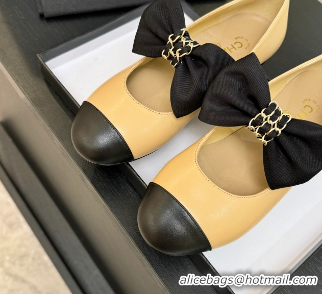 Good Looking Chanel Lambskin Leather Mary Janes Ballet Flats with Bow Beige 2025 CH110303 1103072