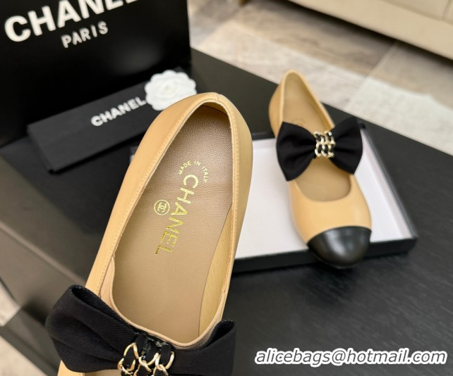 Good Looking Chanel Lambskin Leather Mary Janes Ballet Flats with Bow Beige 2025 CH110303 1103072